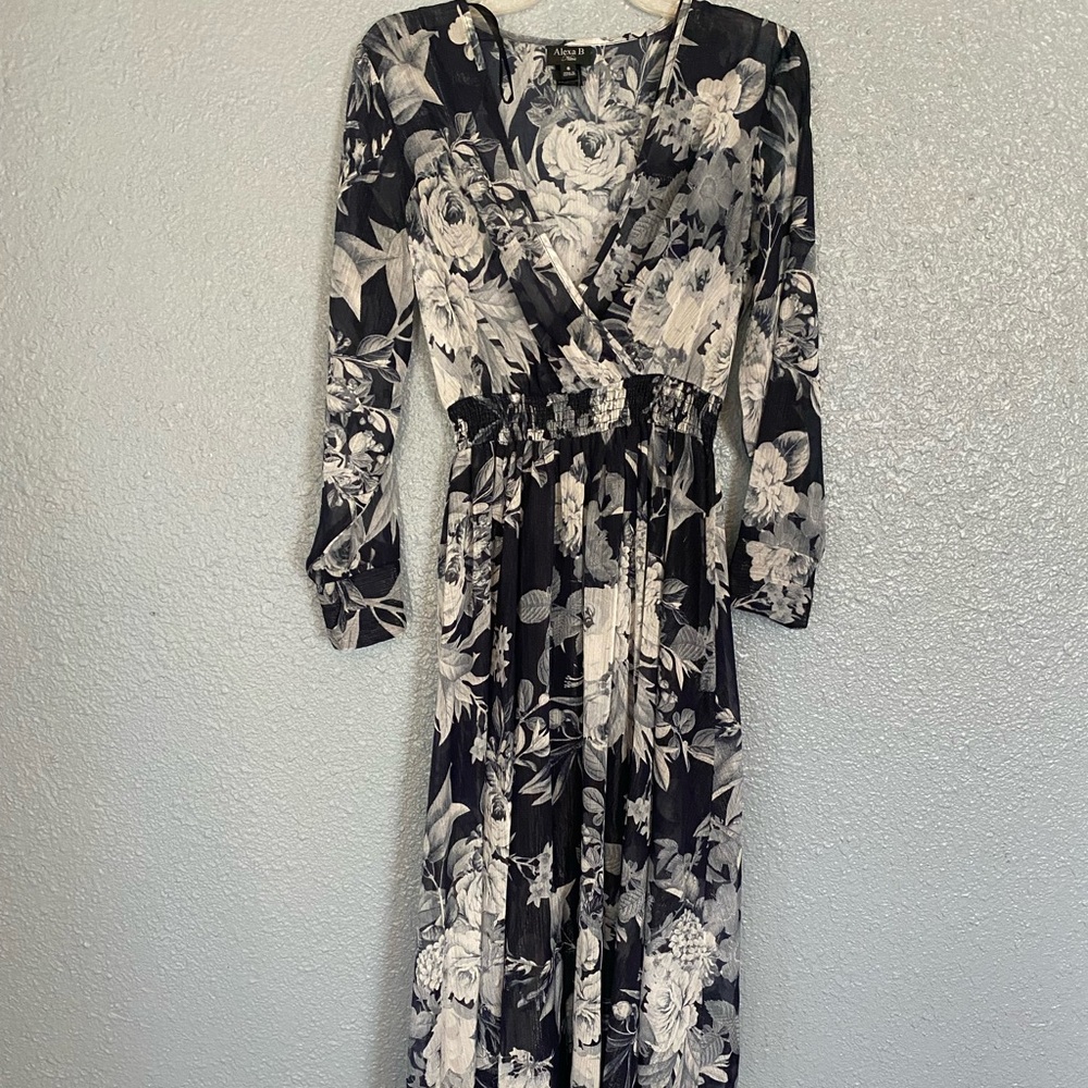 Navy blue and white floral dress